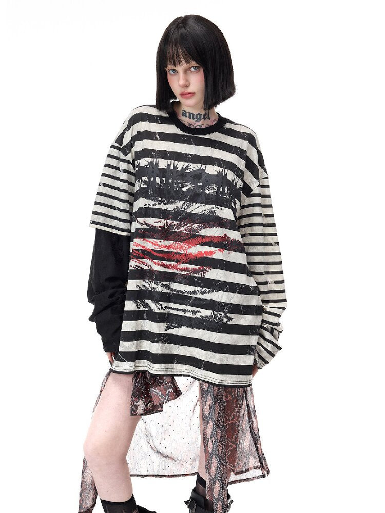 Burnt Flower Stripe Raglan T-Shirt【s0000017729】