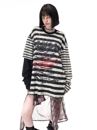 Burnt Flower Stripe Raglan T-Shirt【s0000017729】