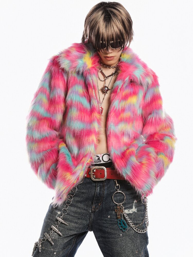 Rainbow Colorful Faux Fur Coat【s0000019281】