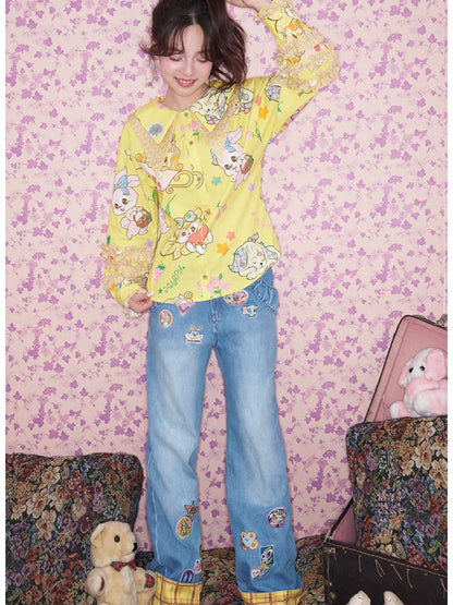 Yellow Ruffled Critter Print Shirt【s0000015032】