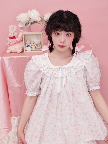 Rose pattern puff sleeve top【s0000012851】