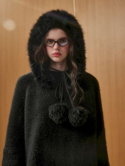 Wool Thick Hooded Fur Collar Knit Cape Skirt【s0000014890】