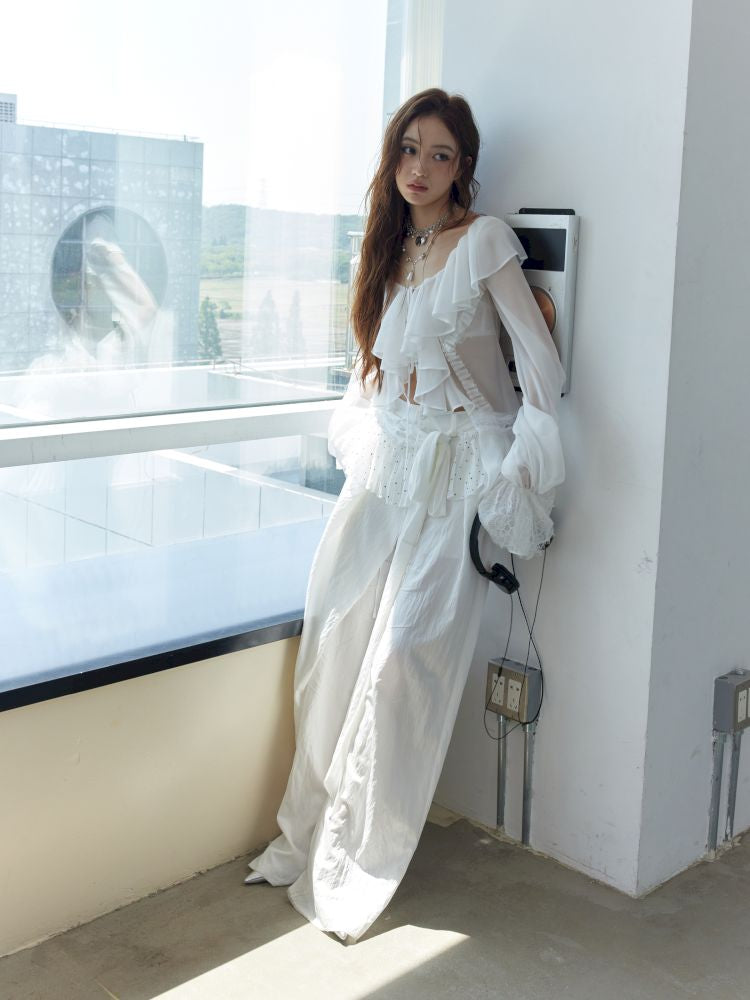 Ruffled airy skin sheer white shirt【s0000013225】