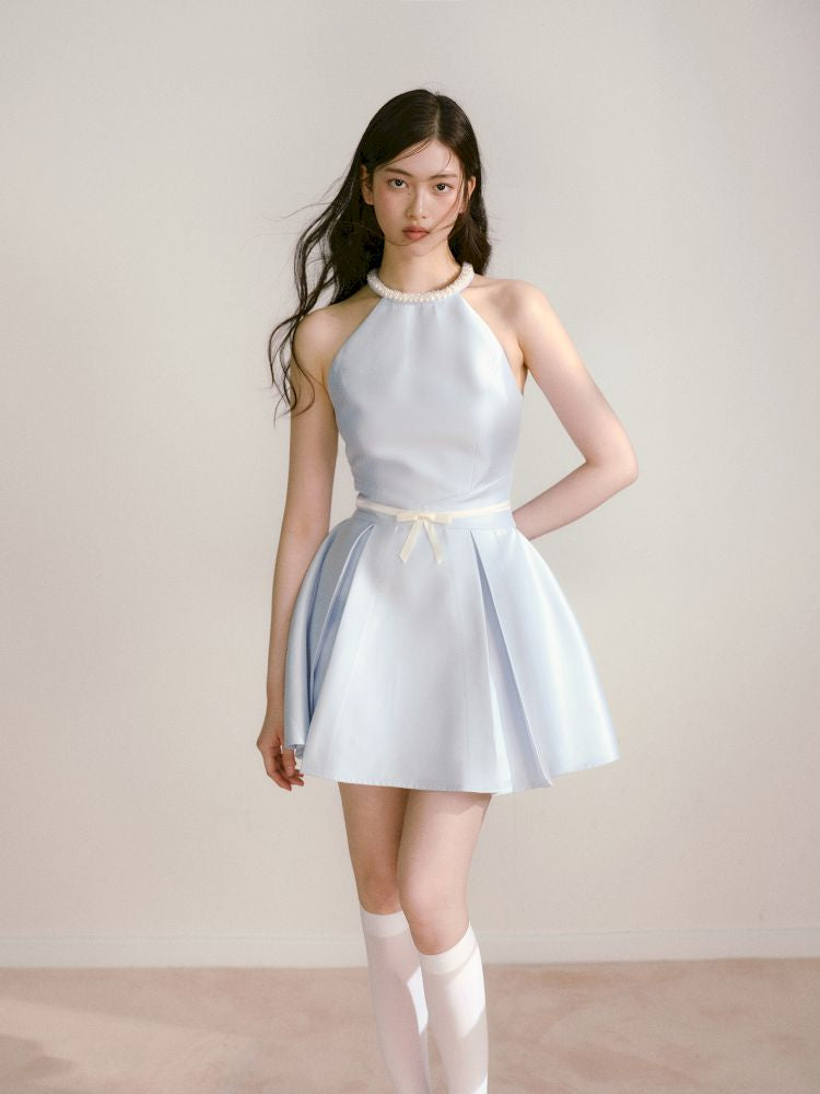 Satin Pearls Hanging Neck Dress【s0000013246】