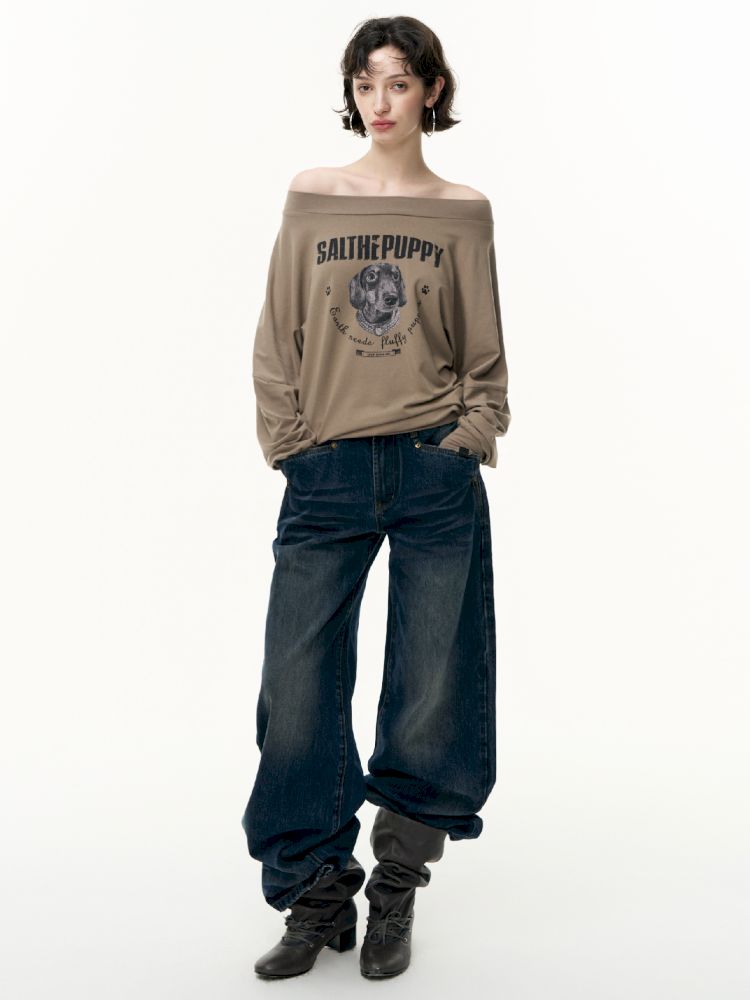 Puppy Printed Slant Shoulder Long Sleeve T-Shirt【s0000013744】