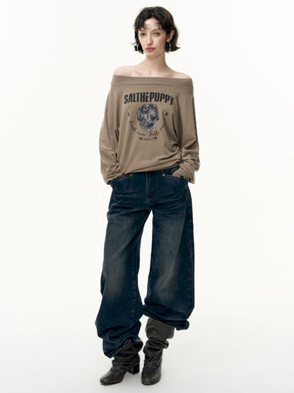 Puppy Printed Slant Shoulder Long Sleeve T-Shirt【s0000013744】