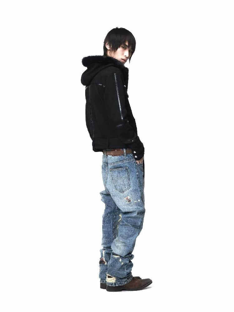 Washed Plaid Ripped Bootcut Jeans【s0000018224】