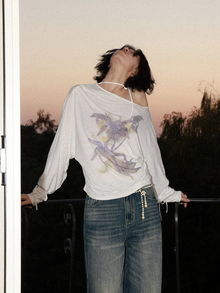 Mist Orchid Print Lace Up Top【s0000015457】