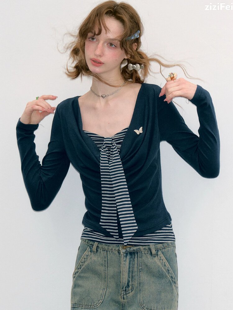 Striped Tie Knit Top Long Sleeve【s0000017880】