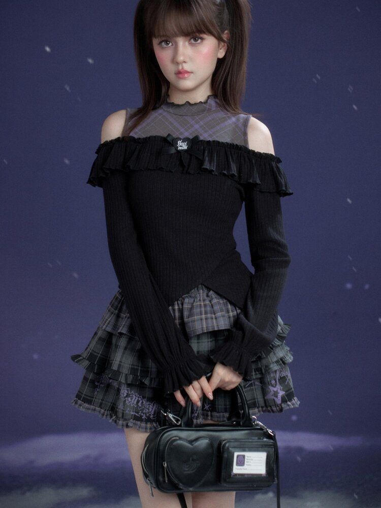 Dark Flower Purple Shoulder Top【s0000015468】