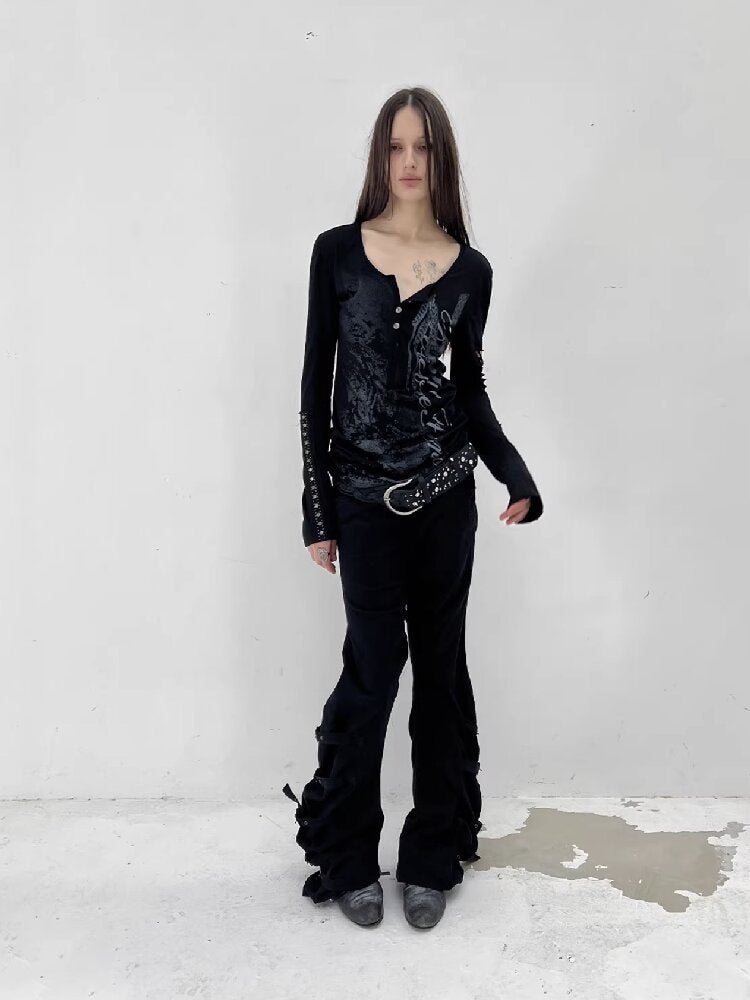 Long Sleeved Ripped Punk Print Tee【s0000015912】