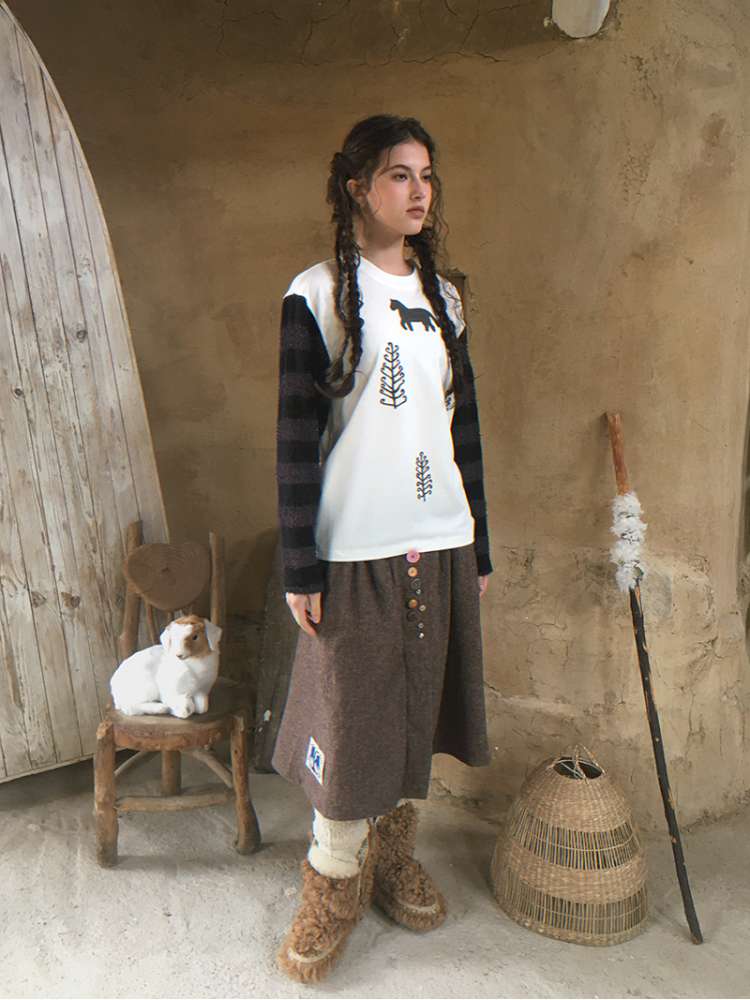 Striped Patchwork Pony Print T-Shirt【s0000014899】