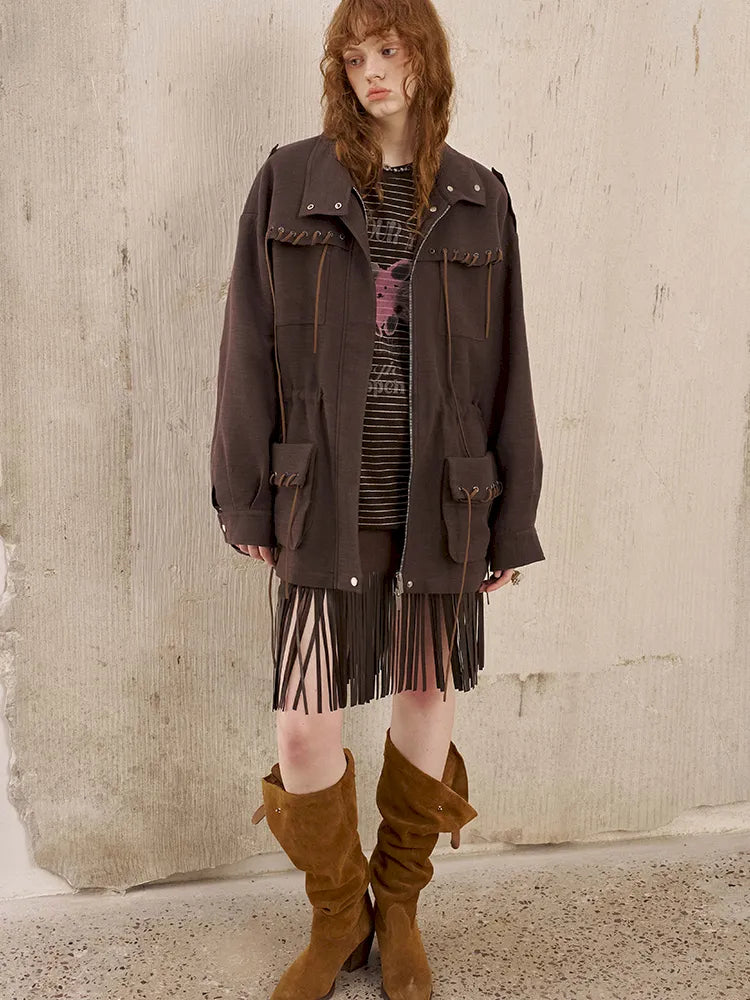 Embroidery Fringe Short Leather Skirt【s0000014045】