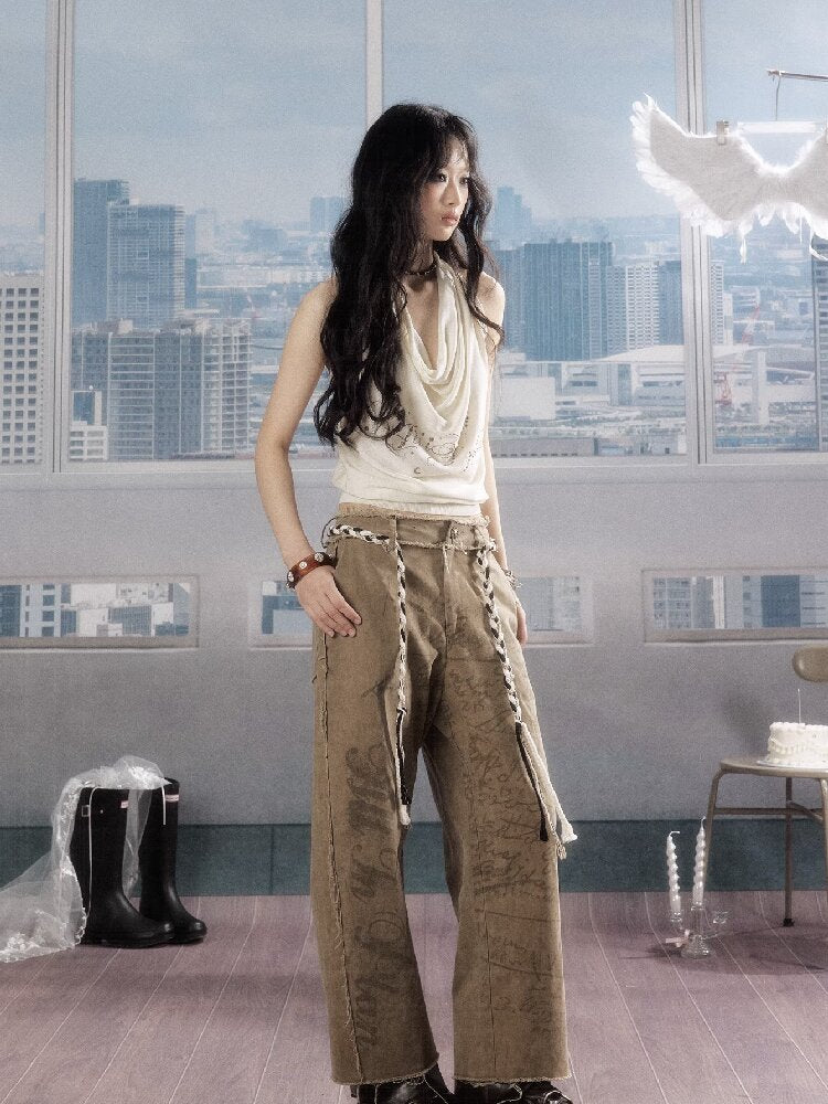 Retro Light Asian Letter Print Slacks【s0000016523】