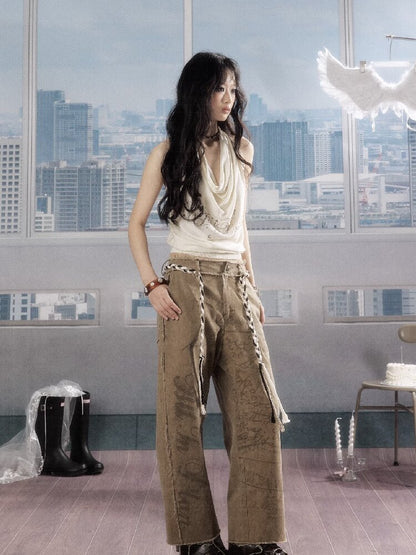 Retro Light Asian Letter Print Slacks【s0000016523】