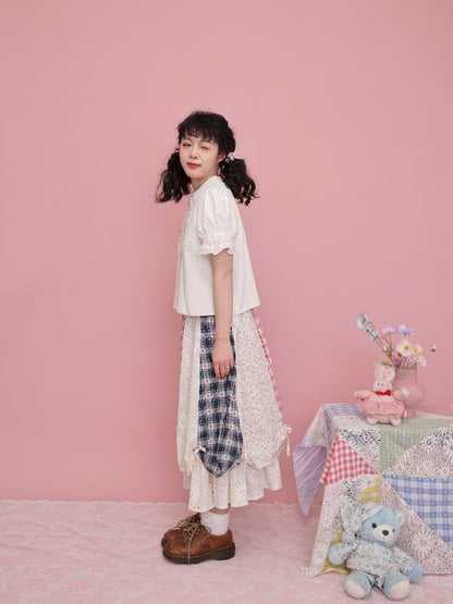 Lace Ribbon Bubble Sleeve T-Shirt【s0000012014】