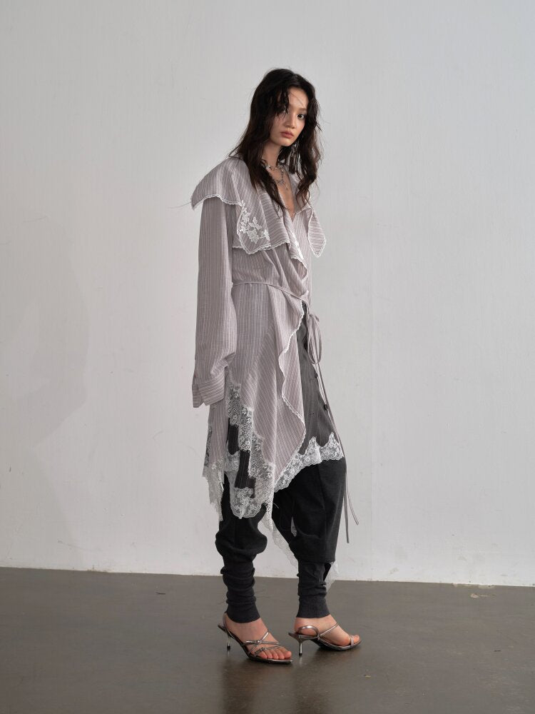 Lace Applique Ruffled Striped Shirt【s0000015700】