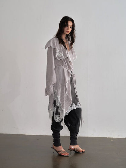 Lace Applique Ruffled Striped Shirt【s0000015700】