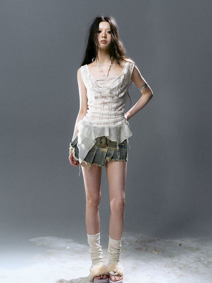 Denim pleated skirt pants【s0000012806】