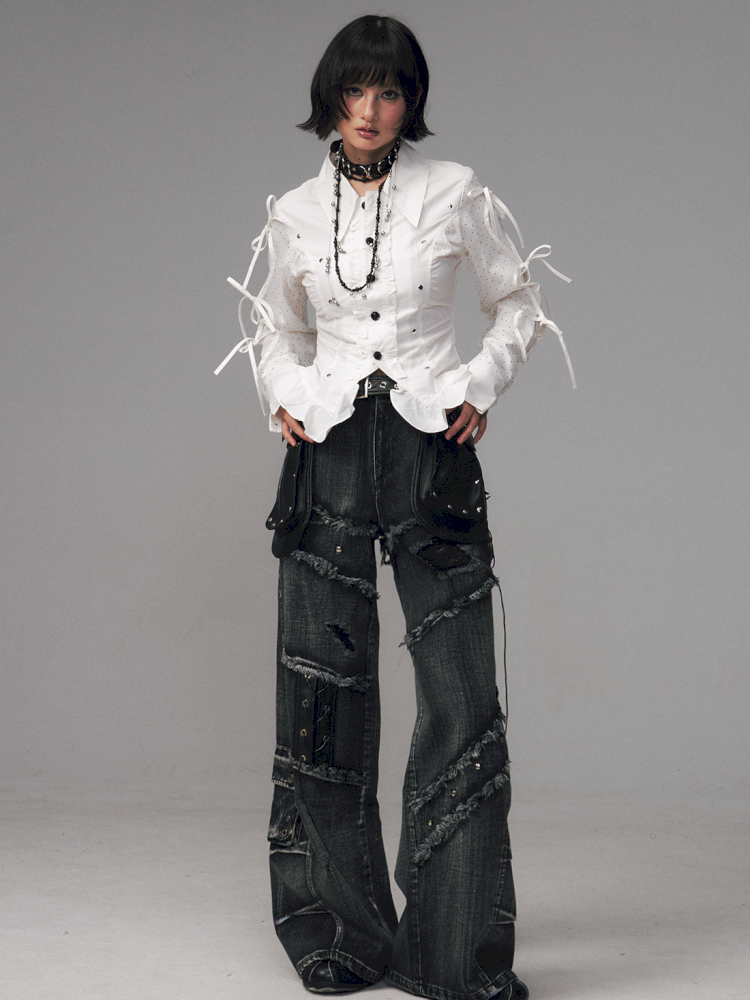 Raw-Edge Washed Distressed Riveted Pants【s0000014453】