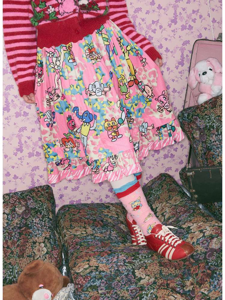 Pink Animal Illustration Skirt【s0000015372】