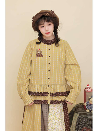 Vintage Girly Lace Bear Turmeric Shirt【s0000014839】