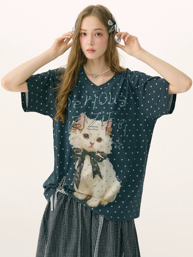 Loose Polka Dot Cat Print T-Shirt【s0000016856】