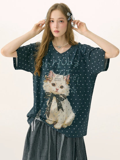 Loose Polka Dot Cat Print T-Shirt【s0000016856】