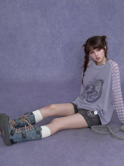 Doodle Print Raglan Sleeve T-Shirt【s0000017867】