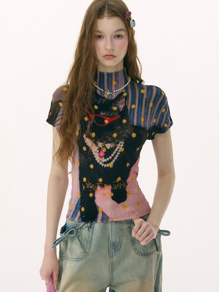 Polka Dot Cat Pleated T-Shirt【s0000016853】