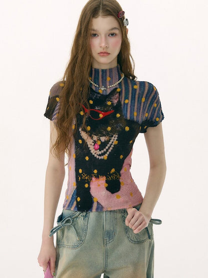 Polka Dot Cat Pleated T-Shirt【s0000016853】