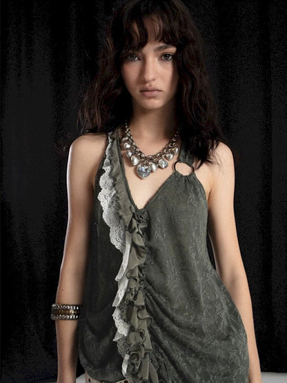 Spliced Ruffle Lace Dark Jacquard Camisole Tank Top【s0000008477】