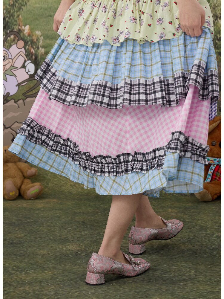 Plaid Print Cotton Lace Midi Skirt【s0000017119】
