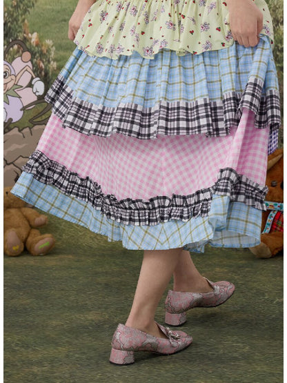 Plaid Print Cotton Lace Midi Skirt【s0000017119】