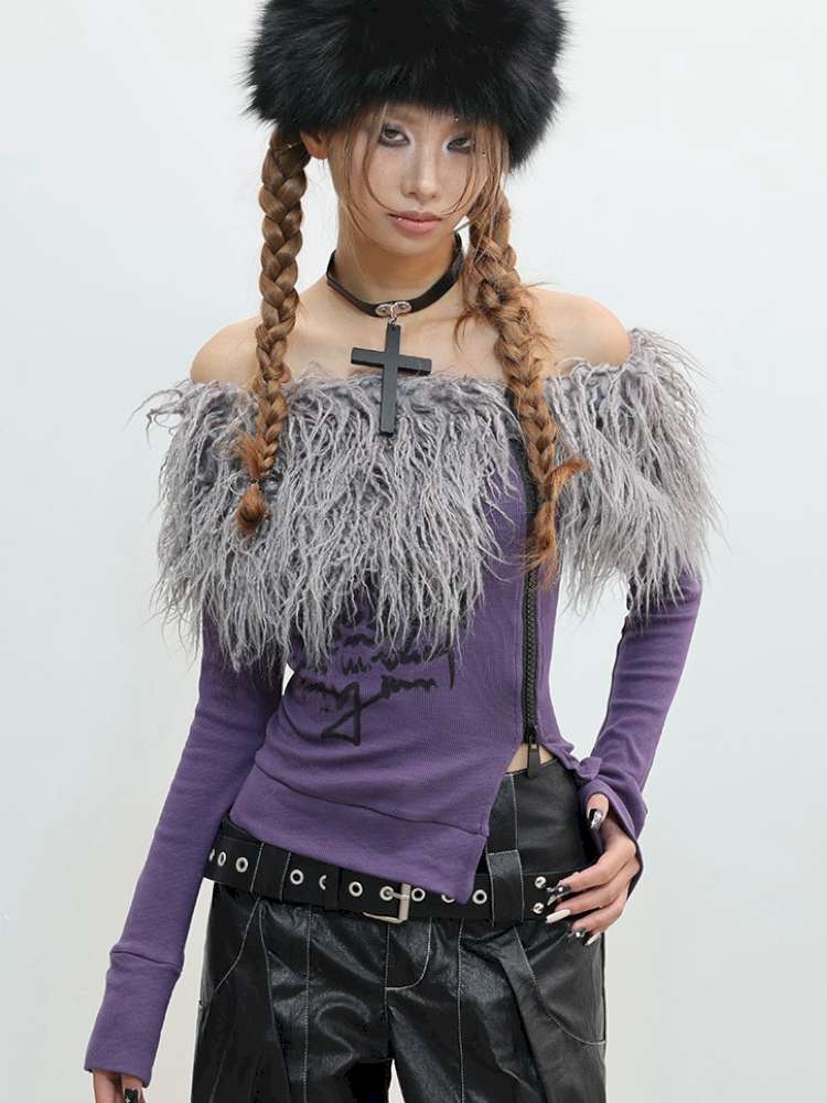 Hairy One-Shoulder Slim Print Knit T-Shirt【s0000014828】