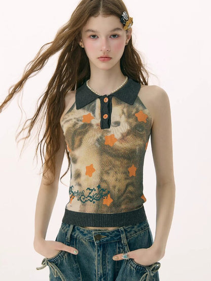 Starfall Cat Print Knitted Vest【s0000016849】