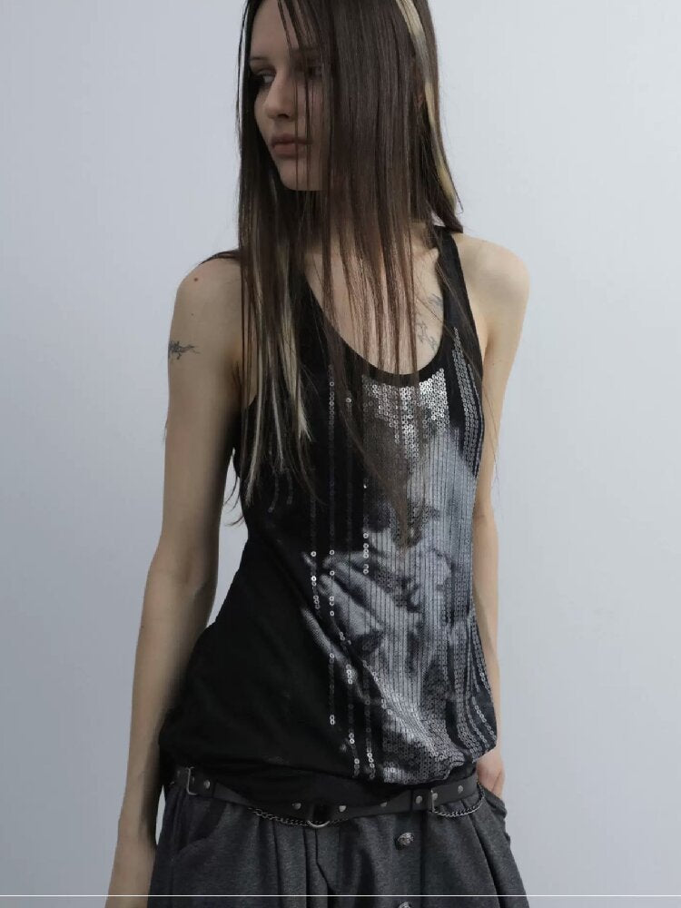 Silver Sequin Print U Neck Vest【s0000016566】