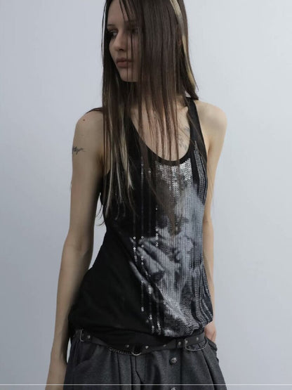 Silver Sequin Print U Neck Vest【s0000016566】