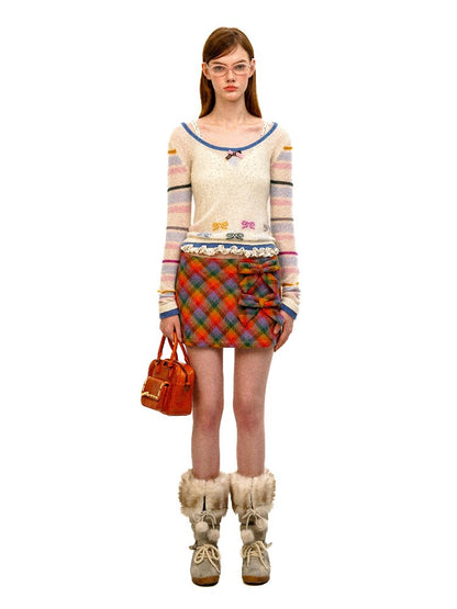 Pure Wool Colored Check Bow Skirt【s0000016089】