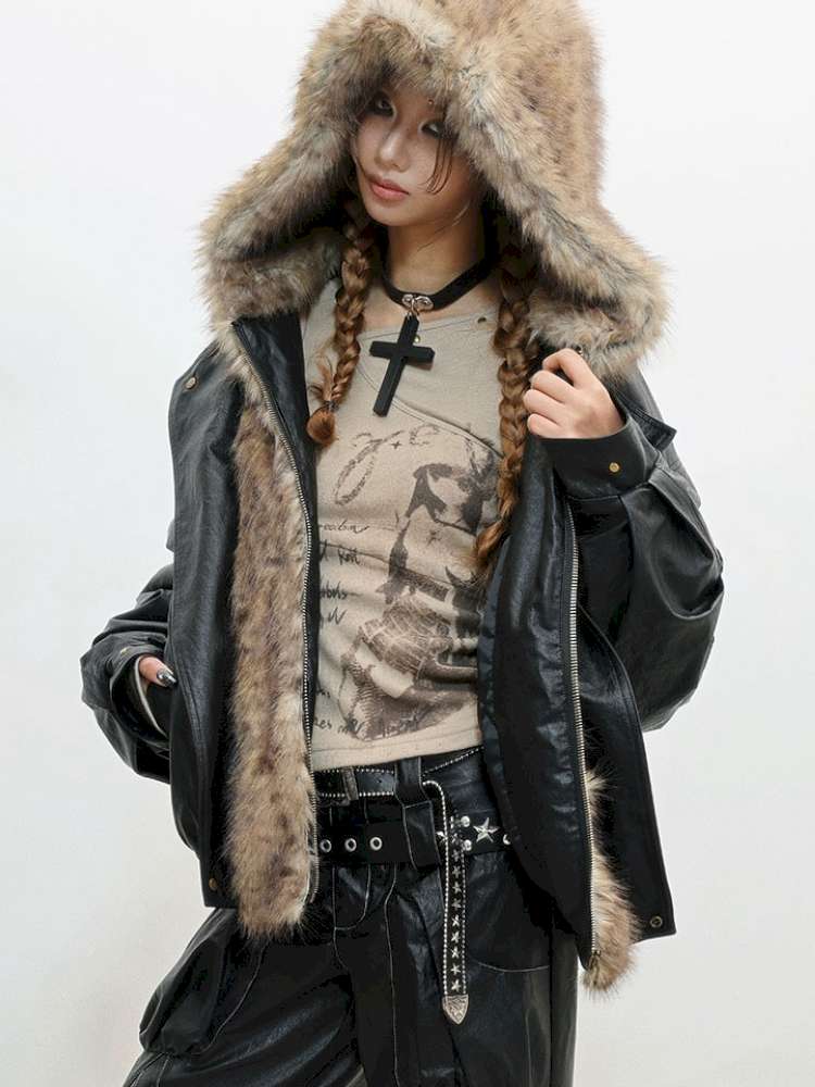 Fur Patchwork Flight Leather Jacket【s0000014838】