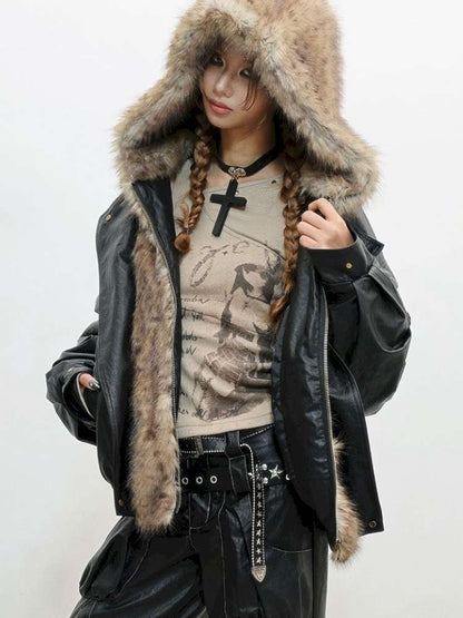 Fur Patchwork Flight Leather Jacket【s0000014838】