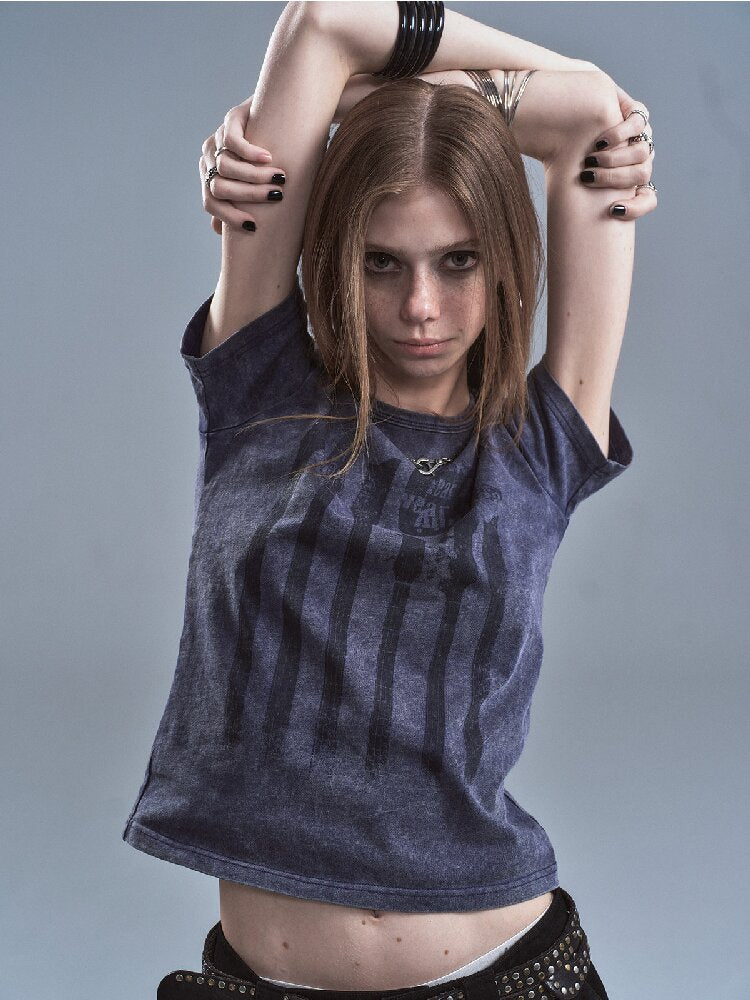 Old Bass Print Raw Edge T-shirt【s0000016898】