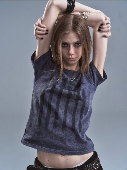 Old Bass Print Raw Edge T-shirt【s0000016898】