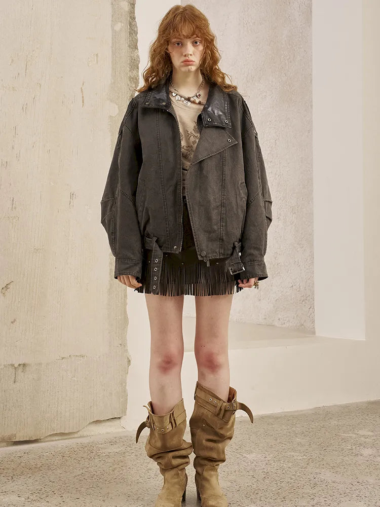 Padded Collar Patchwork Washed Denim Jacket【s0000014069】