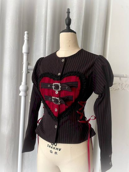 Lace-Up Striped Puff-Sleeve Lantern Skirt Shirt【s0000014435】