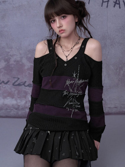 Stripe Contrast Knit V-Neck Top【s0000015759】