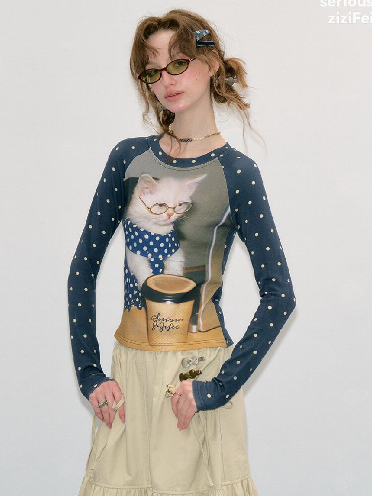 Navy Polka Dot Cat Print Shirt【s0000017894】