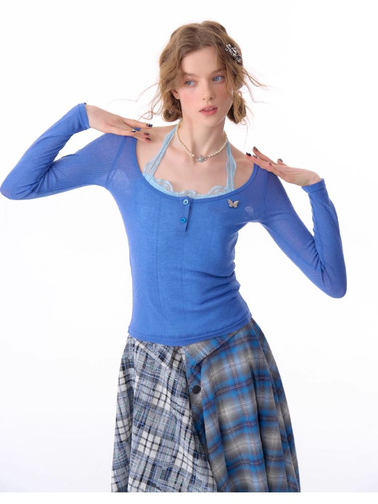 Trim jersey semi-sheer long-sleeved T-shirt 【s0000011676】