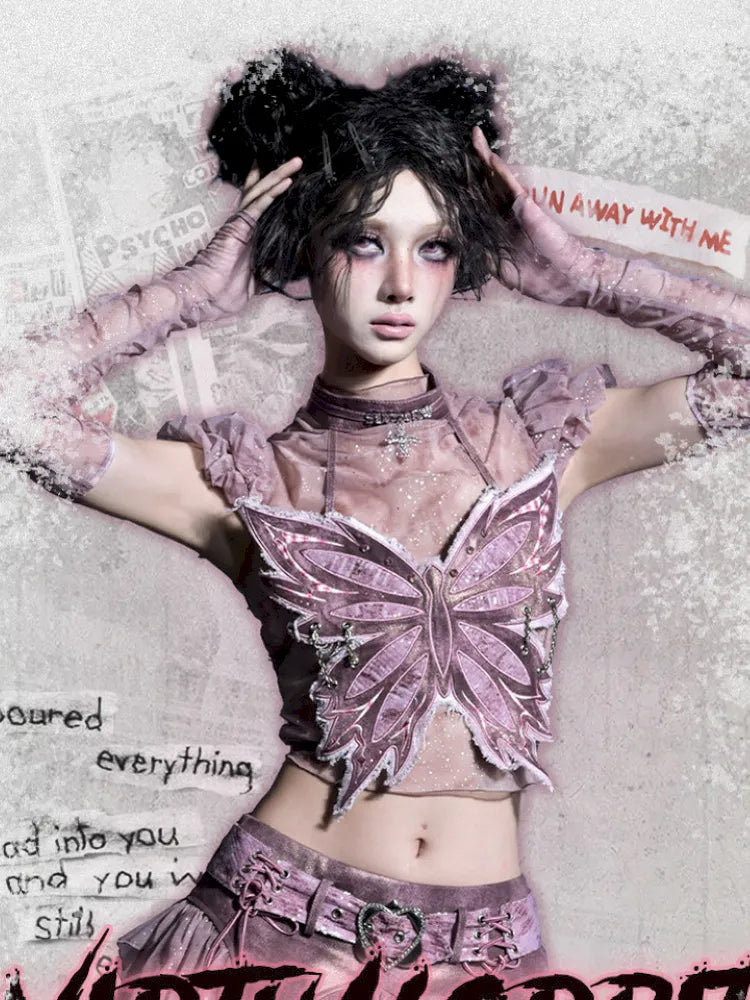 Butterfly Bandeau Mesh Base Jacket Two-Piece Set【s0000014030】