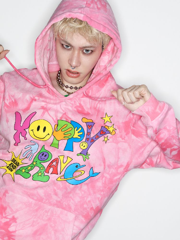 Smiley Pink Tie-Dye Hooded Sweatshirt [S0000010262]